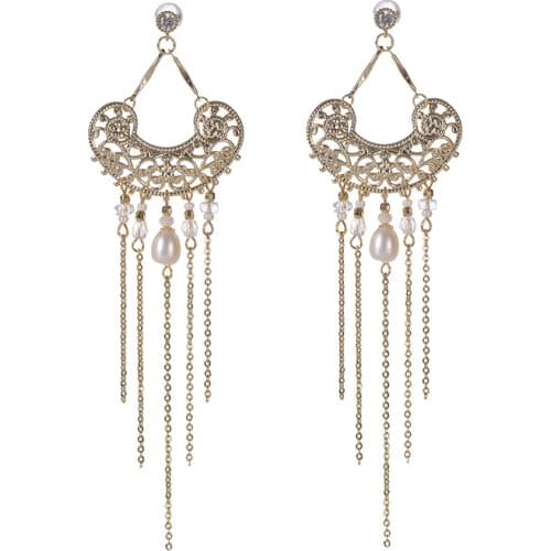 Bohemia New multi-element Geometric chain gold plated earring natural pearl Ear Rings jewelry freshwater pearl earrings