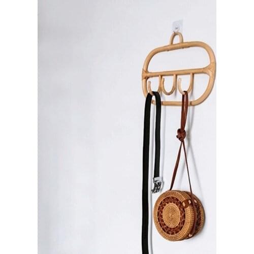 Nordic Natural Rattan Wall Hooks Clothes Hanger Hanging Hat Coat Organizer Rack U90A