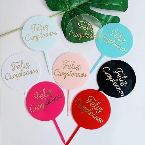 New Spanish Happy Birthday Cake Topper Circle Round Feliz Cumpleanos Cake Topper For Espanol Birthday Party Cake Decorations