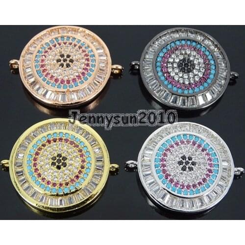 Multicolor Zircon Gems Stones Pave Round Disk Bracelet Connector Charm Beads Silver Gold 10Pcs/Pack