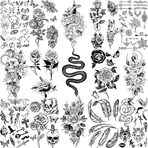 Realistic Snake Rose Flower Temporary Tattoos For Women Adults Feather Skull Arrow Fake Tattoo Arm Hands Neck Small Tatoos Paper