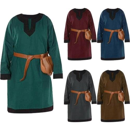 Medieval Men Cotton Shirts Tunic Tops Long Sleeve Adult Men Viking Warrior Pirate Costume Shirt Stage Costumes Belt Bag