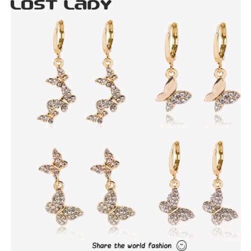 Lost Lady New Fashion Rhinestone Butterfly Dangle Earrings For Women Gold Alloy Pendant Earrings Wholesale Jewelry Party Gifts