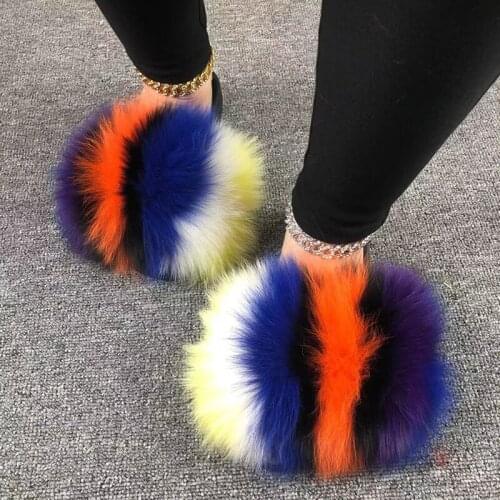 Summer Plush Raccoon Fur Slides Cute Fluffy Real Fox Fur Slippers Women Indoor Flip Flops Casual Girl Furry Sandals Wholesale