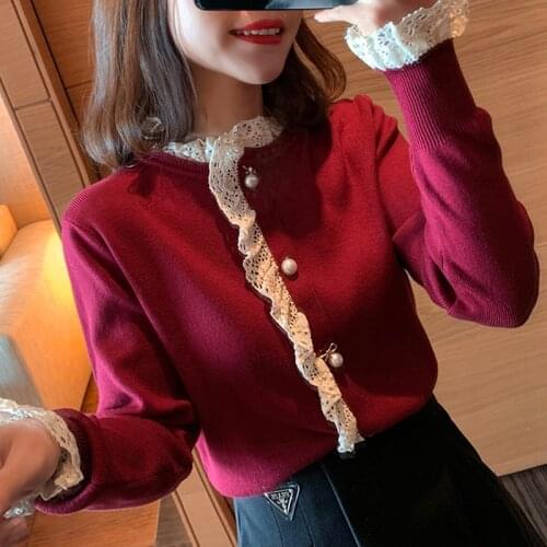 WSINK Wool sweater women 2020 winter new loose bottoming top retro lady red lace wood ear sweater