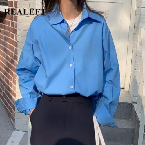 REALEFT 2021 New Oversize Solid Womens Blouse Single Breasted Turn-down Collar Female Casual Loose Shirts Tops Spring Autumn