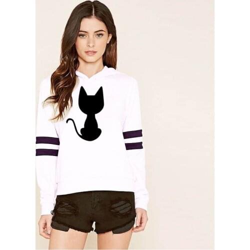 Autumn Women Long Sleeve Hooded Tops Hoodie Fashion Black Cat & Zipper Cat Print Thick Harajuku Female Sweatshirts Hoodies