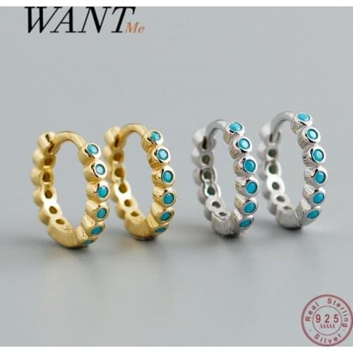 WANTME Fashion Bohemian Real 925 Sterling Silver Round Blue Zircon Ear Buckle for Women Simple Unisex Rock Earrings Jewelry Gift