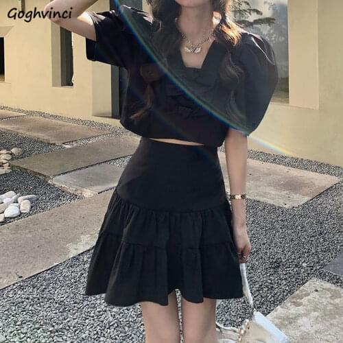 Solid French Style High Quality Women Sets Short Puff Sleeves Bow Cropped Top JK Sweet Friends A-line Mini Skirt Slender Trendy