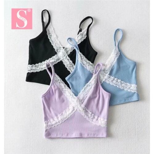 STVY 2021 Spring Summer Womens Sexy V-Neck Patchwork Lace Top Camisole Ladies European Style Crop Tops