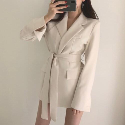 2020 Spring Autumn Women Blazer Jacket Solid Notched Collar Long Sleeve Female Suit Office Ladies Long Belt Coat Jacket Outwear