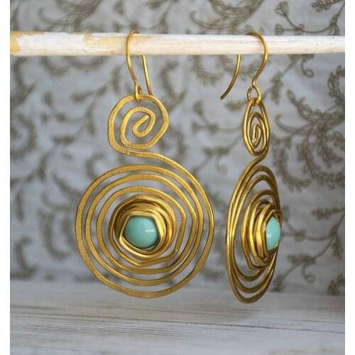 2020 Vintage Hollow Spiral Blue Stone Drop Earrings Womens Tribal Jewelry Metal Antique Silver Color Whirl Ethnic Earrings Gift