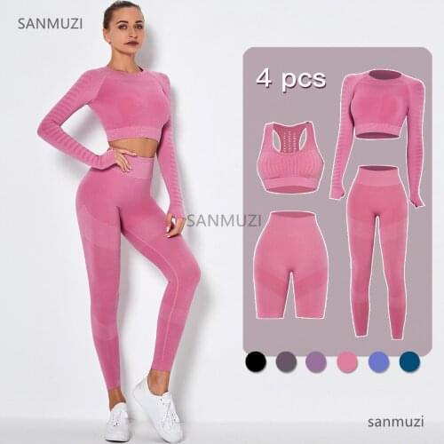 4PCS Seamless Women Yoga Set Workout Sportswear Gym Clothing Fitness Long Sleeve Crop Top High Waist Leggings Short Suits