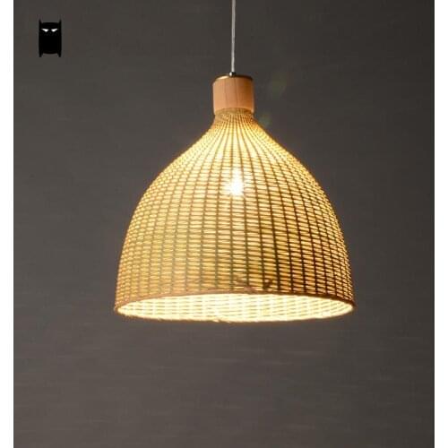 Delicate Hand-Woven Bamboo Rattan Round Basket Pendant Light Fixture Rustic Asian Country Japanese Style Abajour Lamp Design