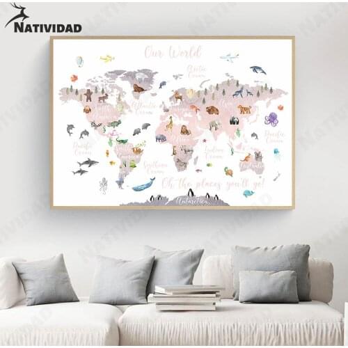 Childrens Room Canvas Painting Room Decor Cartoon Animal World Map Poster Wall Art Wall Stickers Bedroom Home Decoration