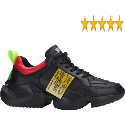 Luxury Men Thick Sole White Black Genuine Leather Platform Sneakers Vintage Lace Up Dad Shoes Streetwear Hip Hop Footwear