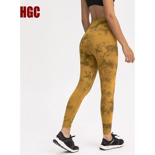 HGC Leggings Sport Women Fitness Yoga Pants High Waist Pockets Printing Tie-dyed Running Workout Tight Elastic Sexy Gym Trousers