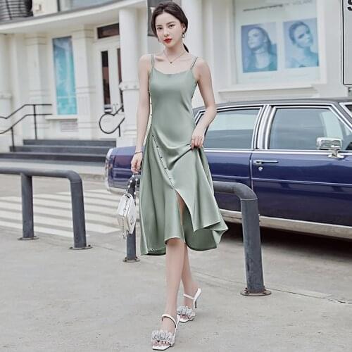 Summer Women Spaghetti Strap Dress Sexy Solid Slim Lady Oblique breasted design Dress midi Dresses Female Banquet party Dress