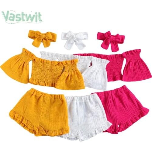 Summer Kids Baby Girls Outfit Off Shoulder Solid Color Flare Sleeve Crop Tops+Ruffle Shorts Headband 2Pcs Set Daily Party Wear