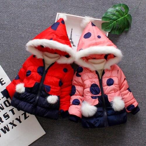 Cartoon Cute Down Coat Kids Girl Spring Winter Hooded Dot Printing Long Sleeve Warm School Wear Baby Fleece Thicken Tops