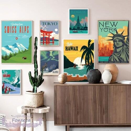 Fashion Retro Travel Poster New York Paris London City Cartoon Landscape Poster Canvas Painting Wall Art Picture for Room Bar
