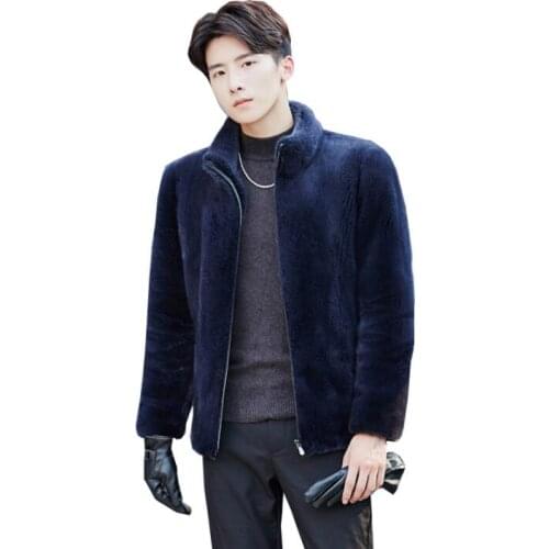 Autumn blue stand collar faux mink fur leather jacket mens winter thicken warm fur leather coat men loose jackets fashion B237