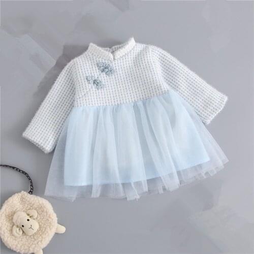 Infant Christening Plaid Clothes Chinese Style Newborn Girl Winter Dresses Cotton Princess Baptism Baby Dress with Velvet 0-3Y