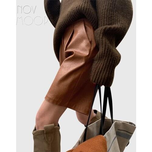 Novmoop designer knee length wide leg women PU pants neat sewing ins fashion style chic girl Bermudas LT3429