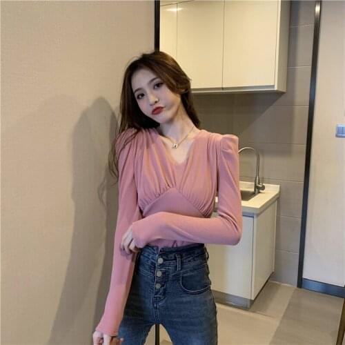 Fall new style pleated slim V-neck solid color all-match waist slimming outer wear bottoming shirt top
