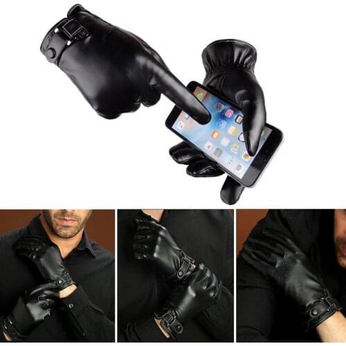 New Male PU Leather Gloves Solid Black Vogue Full Finger Mens Motorcycle Driving Winter Warm Touch Screen Gloves Mittens Hot