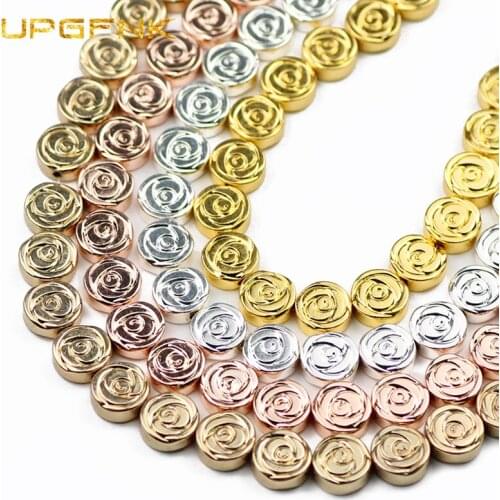 UPGFNK Rose Flower Black Hmatite Gold Flat Round Natural Stone Spacer loose Beads For Jewelry Making Bracelets DIY 8mm 48pcs