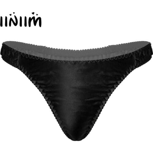 Sexy Mens Lingerie Frilly T-back Underwear Low Waist Silky Satin Thongs Panties Erotic Hot Elastic Waistband Underpants