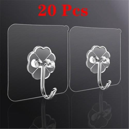20Pcs Transparent Wall Hooks Waterproof Oilproof Self Adhesive Hooks Reusable Seamless Hanging Hook For home Kitchen Bathroom