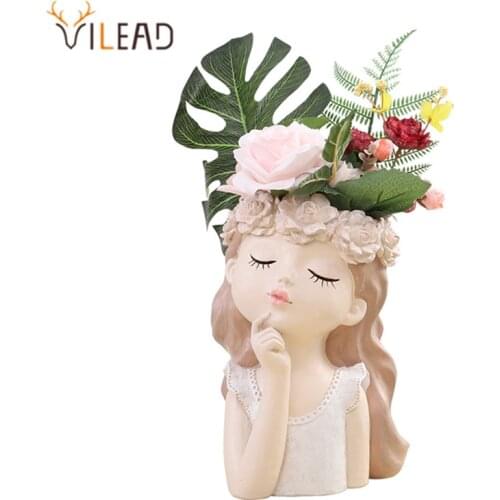 VILEAD Resin Cute Girl Vase Ins Fairy Garden Flower Pot Head Interior Home Decoration Desktop Bonsai Potted Living Room Decor