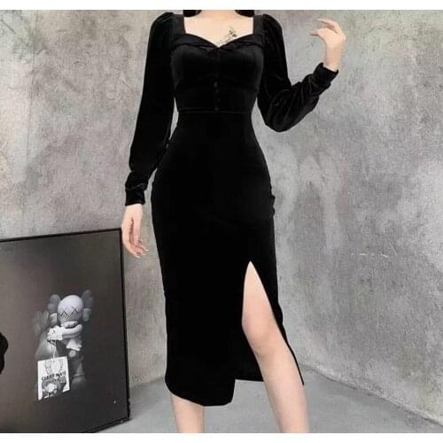 Vintage Long Sleeve Velvet Evening Dresses with Slit Sweetheart Tea Length Zipper Back Pleated Formal Party Dress for Women