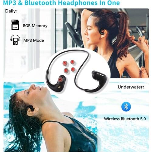 IPX8 Waterproof Swimming Headphones with Mic & 5.0 Bluetooth & Wireless & 12h Long Standby 8GB MP3 Player for iPhone & Android