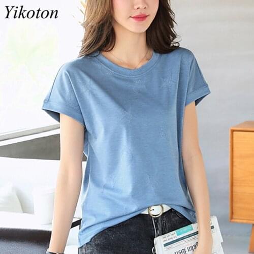 T Shirt Korean Cotton Womens Clothing Summer New Ladies Star Embroidered O-Neck Short Sleeve Loose Camisetas de mujer Tee Tops