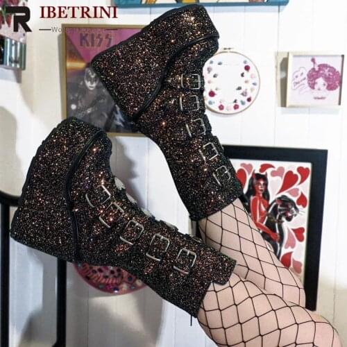 Womens Shoes Metal Design Silver Bling Med Calf Boots Autumn Buckle Strap Platform Wedges Super High Goth Fashion Shoe Sugar
