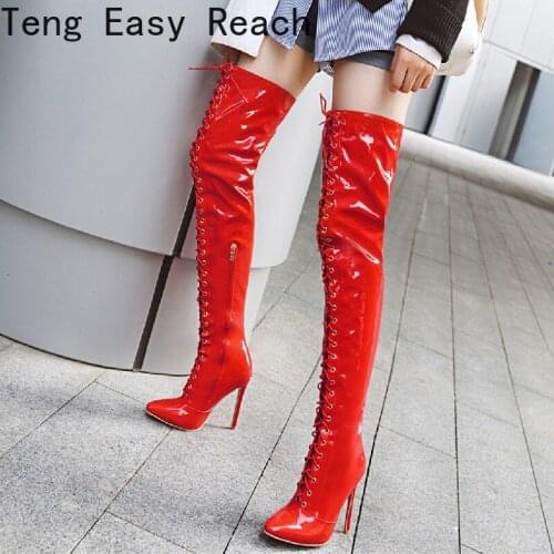 Ladies Sexy High Heels Boots Women Over The Knee Boots Pointed Toe Lace-up Thigh High Boots Female Fetish Dancing Shoes Size 47