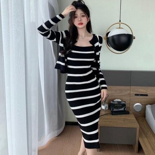 Fashion Casual Dress Suits Striped Knitted Two Piece Set Women Cardigan Coat Crop Top + Sexy Spaghetti Strap Long Dress Sets
