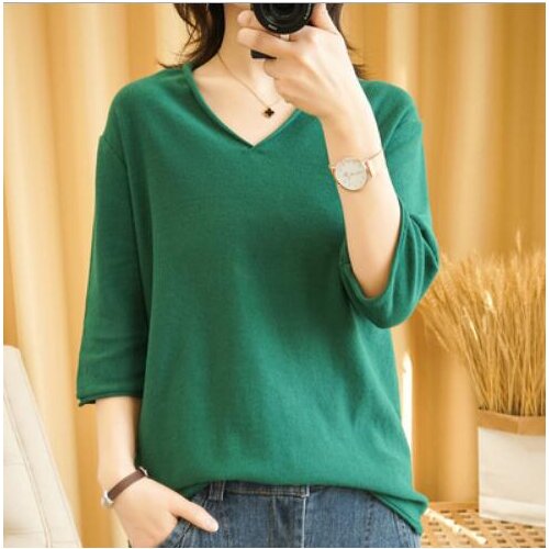 Womens knitting 3/4 sleeve V-neck loose thin pullover bottoming sweater