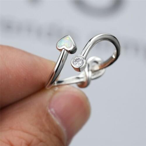 Female Blue White Opal Open Ring Fashion Crystal Cute Heart Stone Engagement Ring Rose Gold Silver Color Wedding Rings For Women