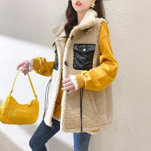 New Wool Waistcoat Women Fashion Color Blocking Pocket Tunic Lace-up Lamb Wool Vest Women Casual Warm Gilet Femme Good Quality