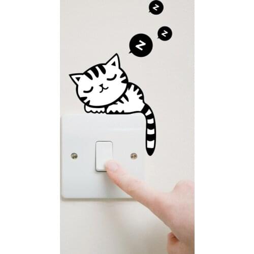 1 x Home Wall Switch Sticker Mural Decal Cartoon Cat Sleeping DIY Home Decal PVC Parlor Decal Decoration Black DIY Funny