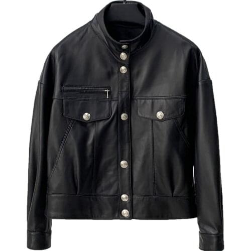 2021 Autumn New Leather Clothes Womens Sheepskin Motorcycle Clothes Short Stand Collar Leather Jacket Casual Coat Trend