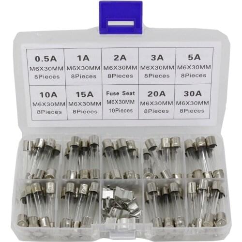 72 Pcs 6x30mm Quick Blow Glass Tube FuseAssorted Kits Fast-blow Glass Fuses With Fuse Seat 0.5A 1A 2A 3A 5A 8A 10A 15A 20A 30A