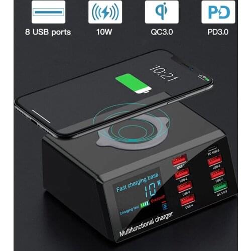 8Ports 100W USB Wireless Charger 18W PD QC3.0 Fast Charging Quick Charge Adapter Smart LED Display For iPhone Samsung Xiaomi LG