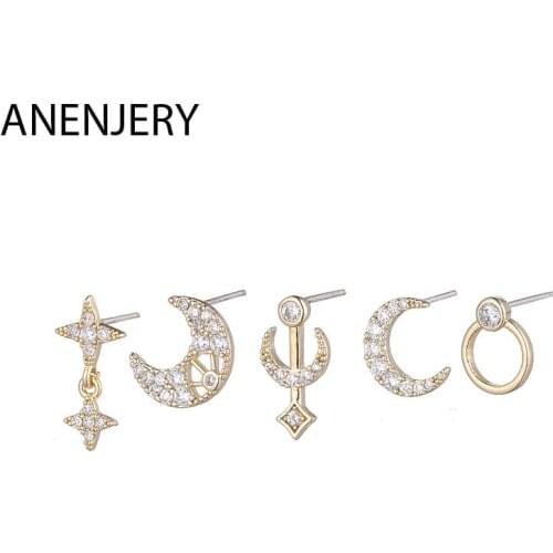 ANENJERY 6 pieces/set 925 Sterling Silver Micro Zircon Star Moon Stud Earrings Set for Women Girl Simple Jewelry Wholesale
