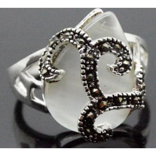 Free Shipping 18X16mm White Cat Eye Opal Marcasite 925 Sterling Silver Lady Ring Sz 7-10