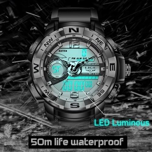 2021 LIGE Watches Men Sports Waterproof LED Luminous Electronic Quartz Digital Watch Relogio Masculino Alarm Dual Display Clock